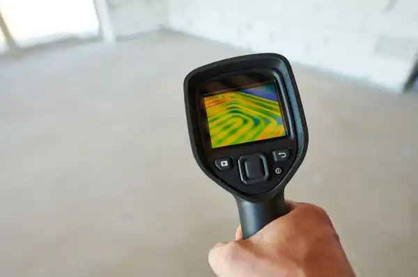 A person holds a thermal imaging camera, displaying a heat map on the screen, in an indoor setting.