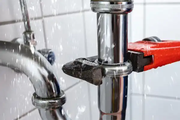 Adjustable wrench fixing a leaking pipe with water spraying in a bathroom.