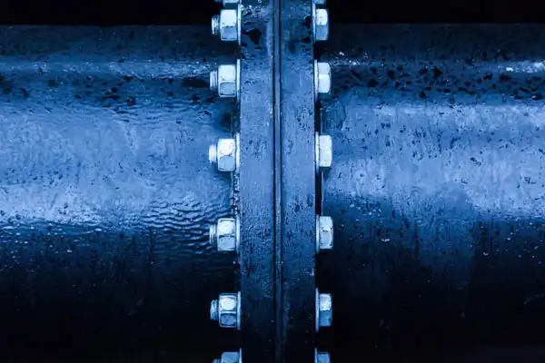 Close-up of two large, dark blue metal pipes joined with bolts, showing wet surface textures.